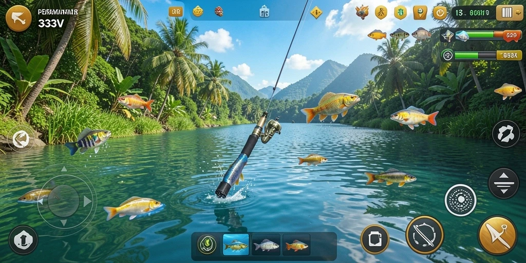 Tampilan gameplay 333V yang menampilkan aksi memancing yang mendebarkan.
