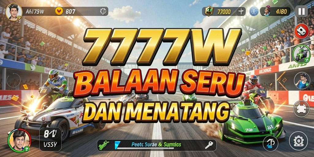 Screenshot menampilkan balapan seru di 7777W dengan mobil yang melaju kencang.