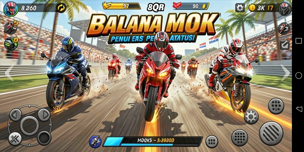 Tangkapan layar gameplay dari 8QR menampilkan balapan motor yang menegangkan.
