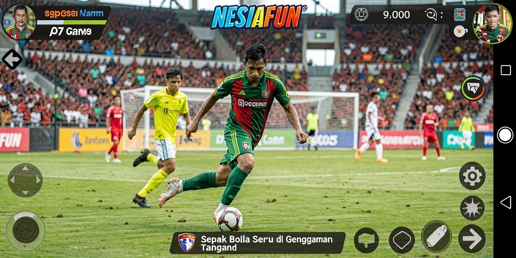Tangkapan layar gameplay NESIAFUN yang menampilkan aksi sepak bola seru.