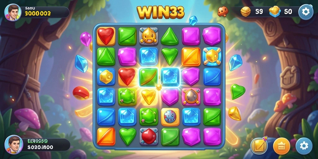 Screenshot main game WIN33 dengan tampilan permata berwarna-warni.
